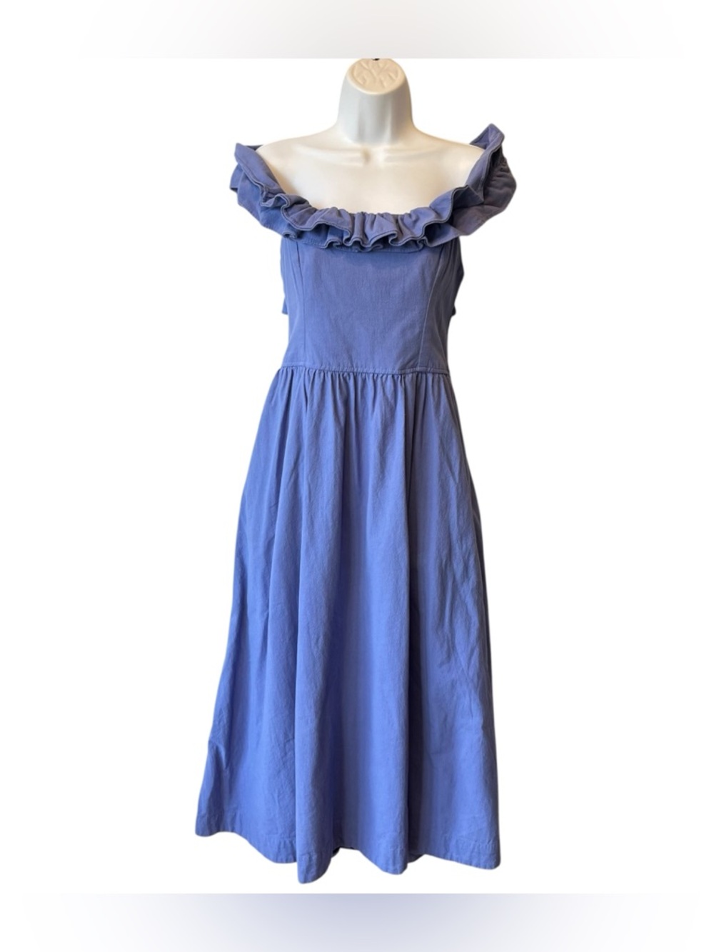 Free People Ruff it Up Midi dress M Blue Vista Pockets Cotton Tied smocked back